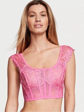 NWT Victoria’s Secret Boho Floral Embroidery Cap-Sleeve Corset Top in Pink
